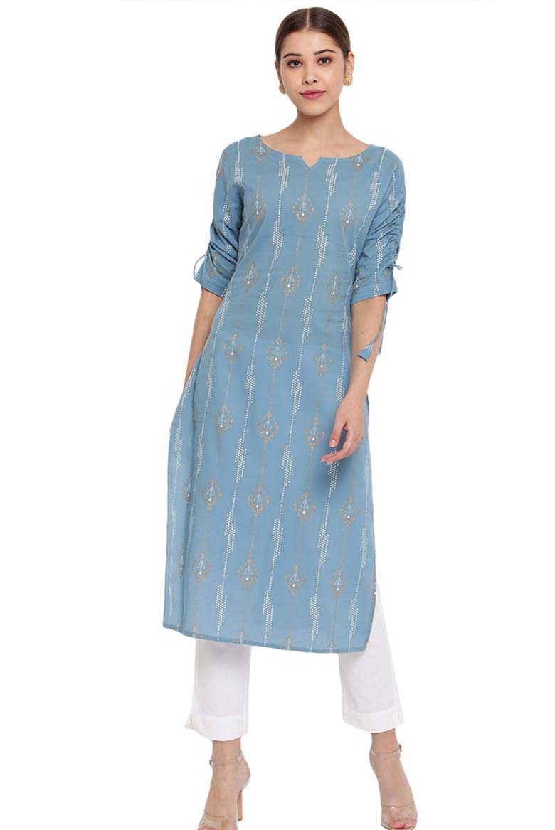 Blue Indian Print Straight Kurta - Vihana