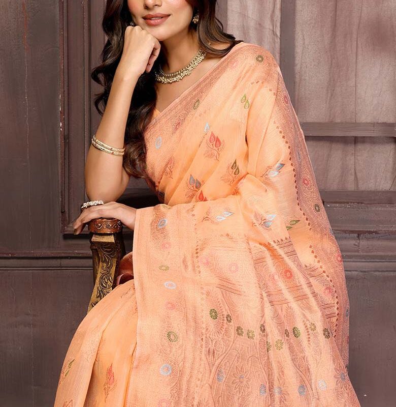 Peach cotton linen Ehtinic print woven design Kanjivaram Saree with Blouse Piece