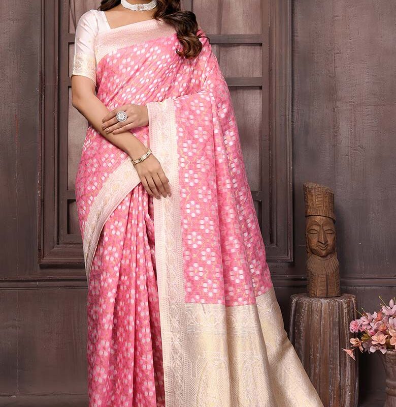 Pink Cotton ethnic motifs woven design woven Saree with Blouse piece