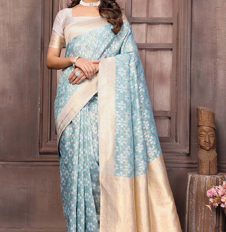 Light Blue Cotton ethnic motifs woven design woven Saree with Blouse piece