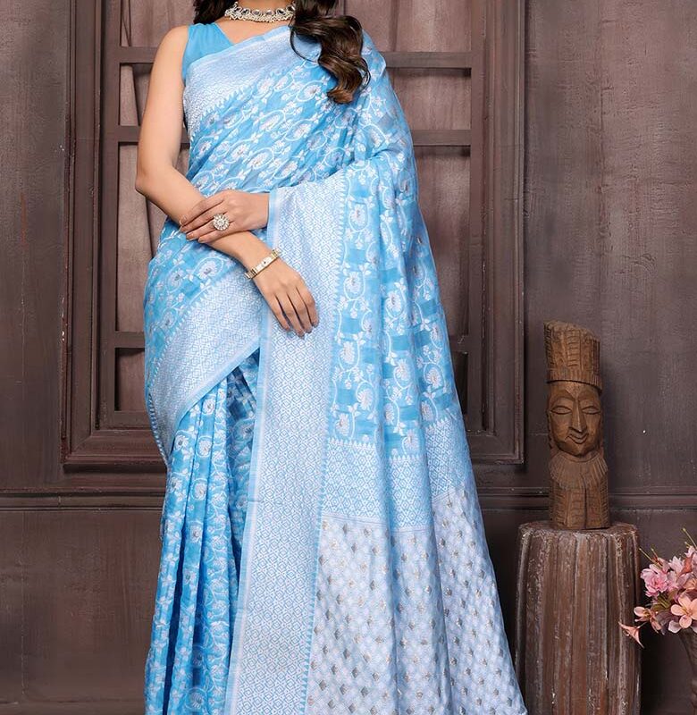 Light Blue Cotton Floral Woven Design Woven Saree with Blouse Piece